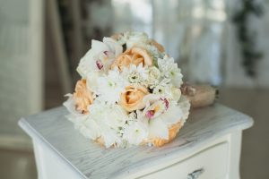 Wedding decor. Colored wedding bouquet on white background