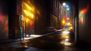 The tranquil scene of an alley in the big city with nightlight